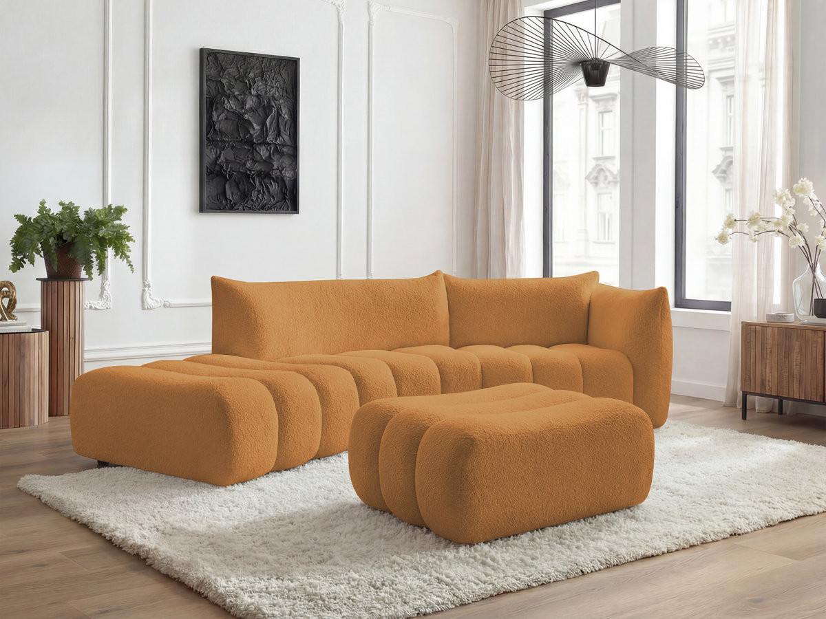 Canapé incurvé 4 places AZRA bouclette avec pouf jaune