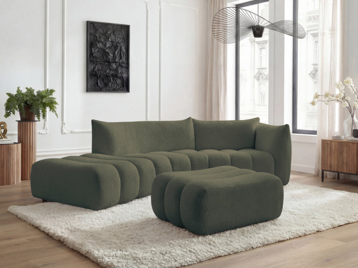 Canapé incurvé fixe 4 places AZRA tissu bouclette avec pouf