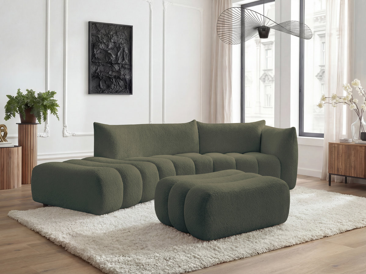 Canapé incurvé fixe 4 places AZRA tissu bouclette avec pouf