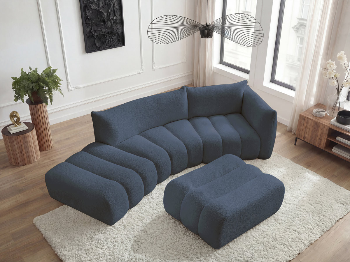 Canapé incurvé 4 places AZRA bouclette avec pouf bleu foncé — vue 6