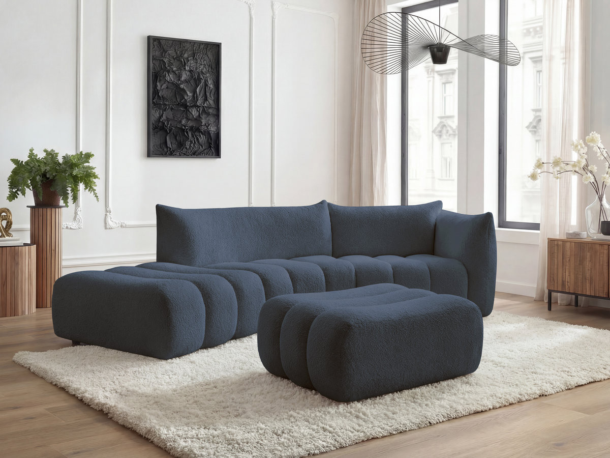 Canapé incurvé fixe 4 places AZRA tissu bouclette avec pouf