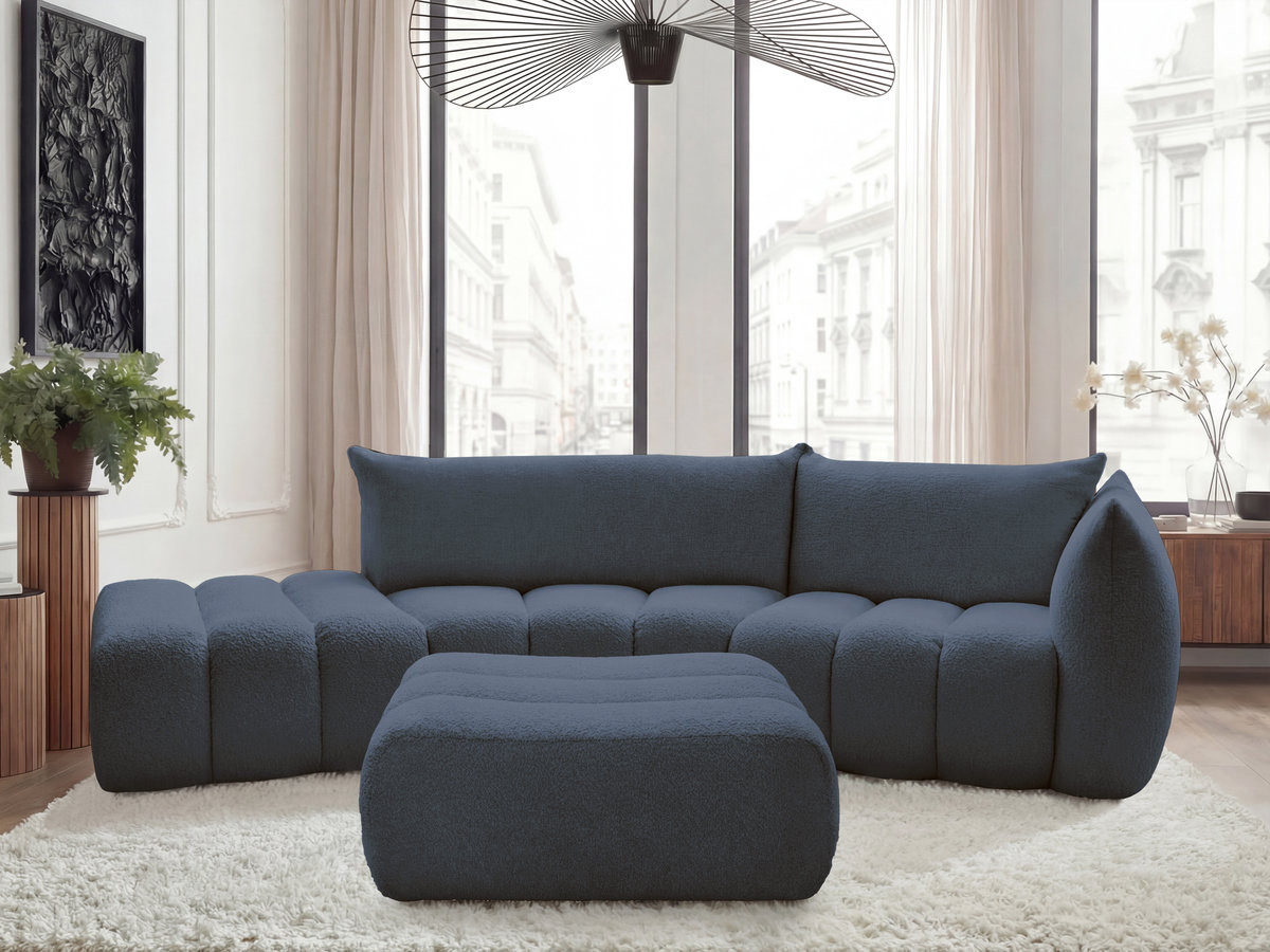 Canapé incurvé fixe 4 places AZRA tissu bouclette avec pouf