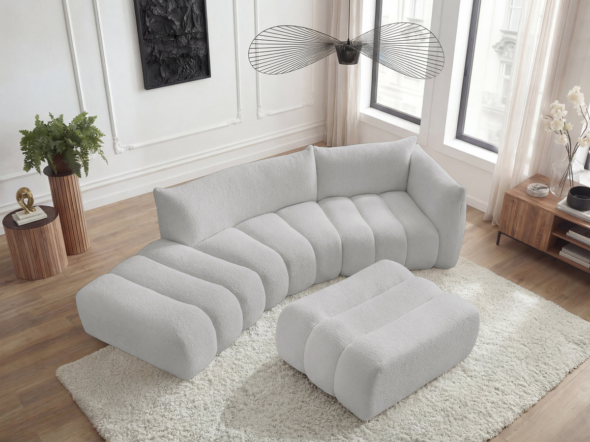 Canapé incurvé fixe 4 places AZRA tissu bouclette avec pouf