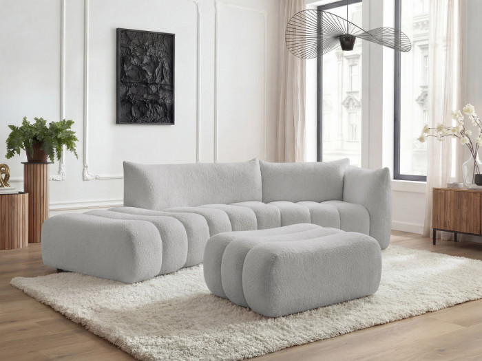 Canapé incurvé fixe 4 places AZRA tissu bouclette avec pouf