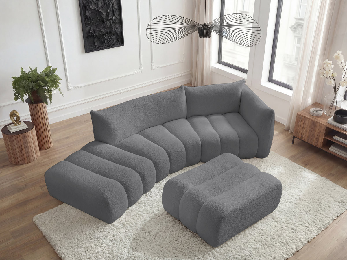 Canapé incurvé 4 places AZRA bouclette avec pouf gris foncé — vue 6