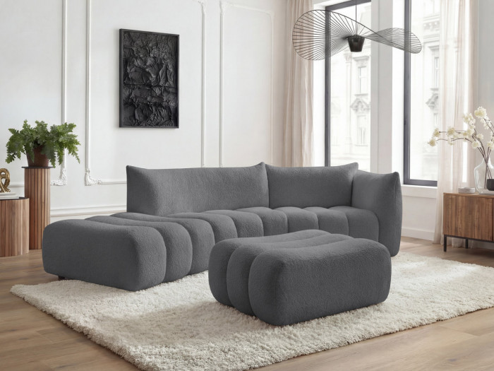 Canapé incurvé fixe 4 places AZRA tissu bouclette avec pouf