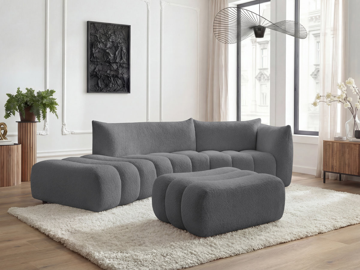 Canapé incurvé fixe 4 places AZRA tissu bouclette avec pouf