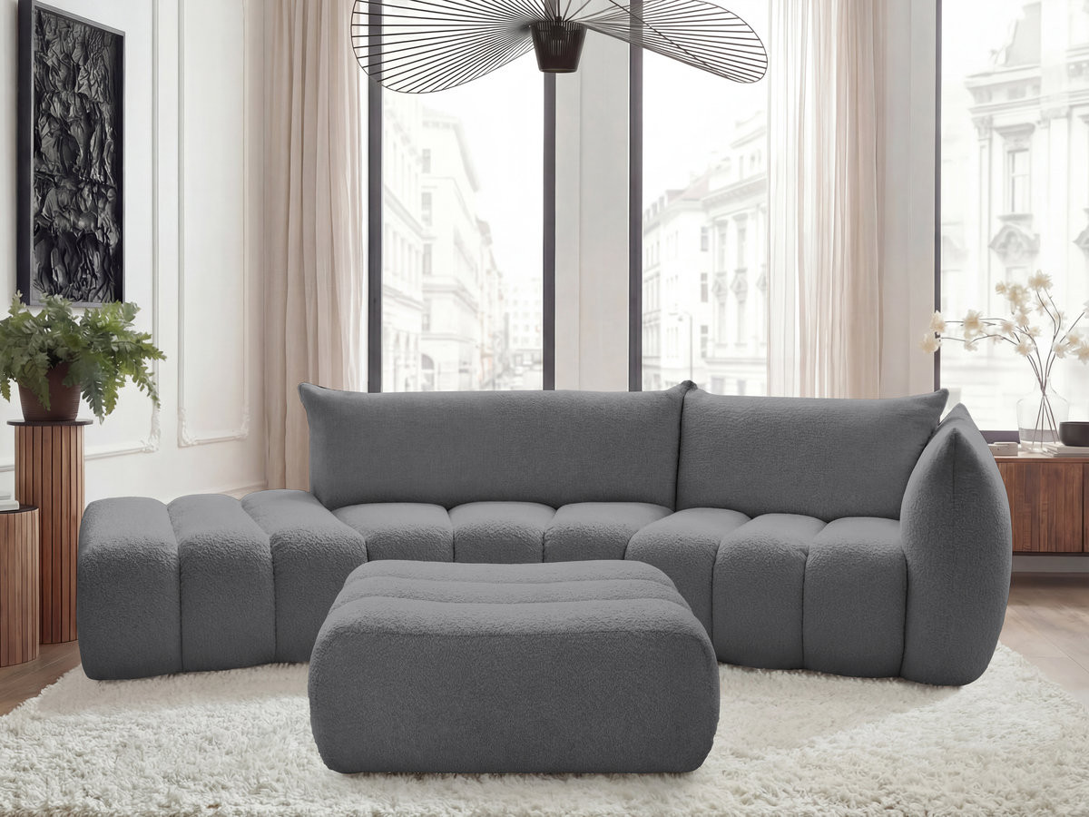 Canapé incurvé fixe 4 places AZRA tissu bouclette avec pouf