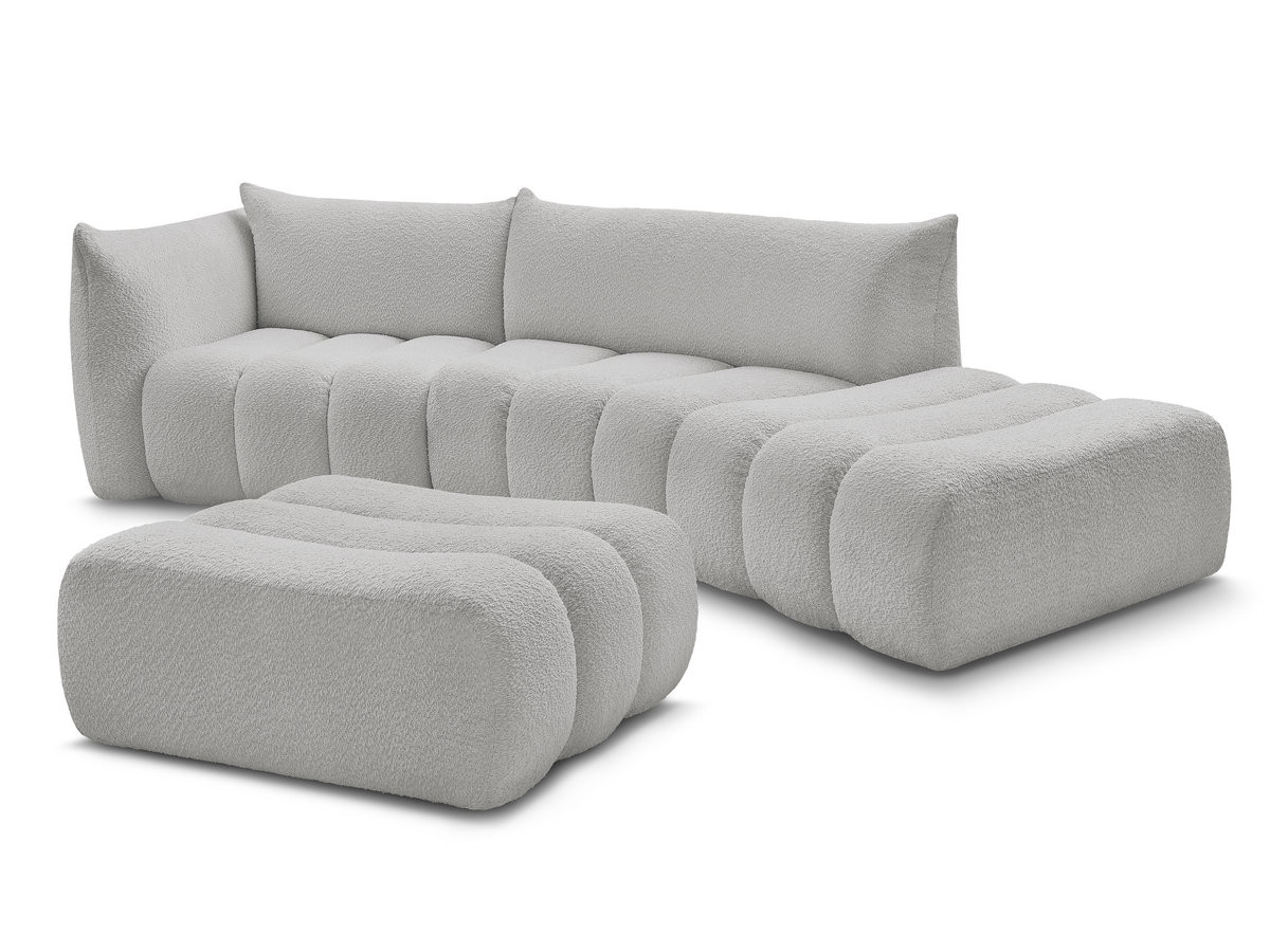 canapé incurvé fixe 4 places azra tissu bouclette avec pouf de couleur gris clair