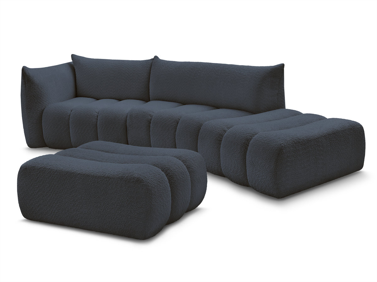 canapé incurvé fixe 4 places azra tissu bouclette avec pouf de couleur bleu foncé