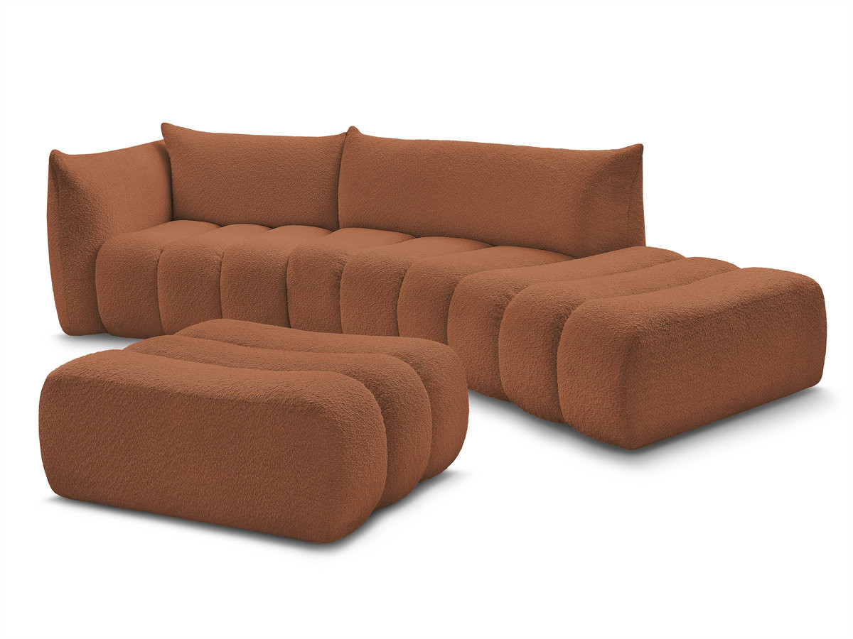 canapé incurvé fixe 4 places azra tissu bouclette avec pouf de couleur orange