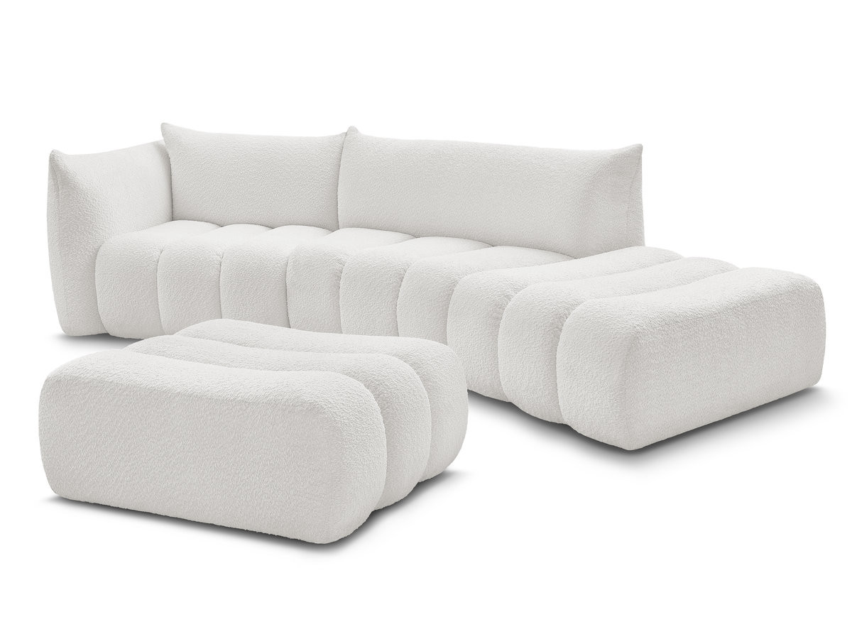 canapé incurvé fixe 4 places azra tissu bouclette avec pouf de couleur blanc