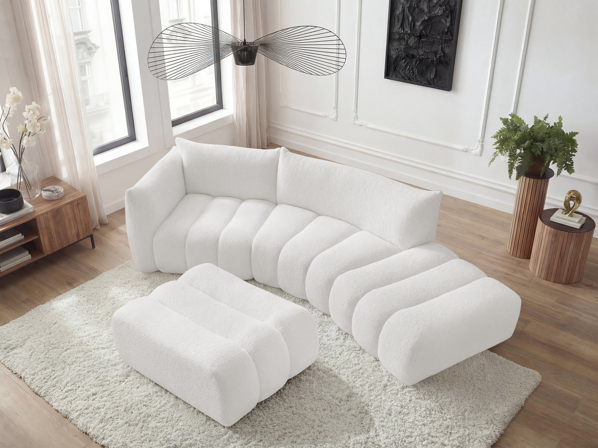 Canapé incurvé fixe 4 places AZRA tissu bouclette avec pouf