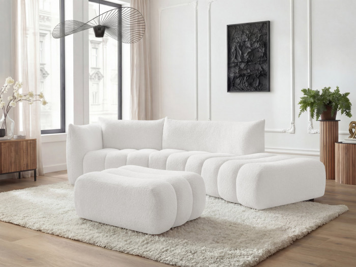 Canapé incurvé fixe 4 places AZRA tissu bouclette avec pouf