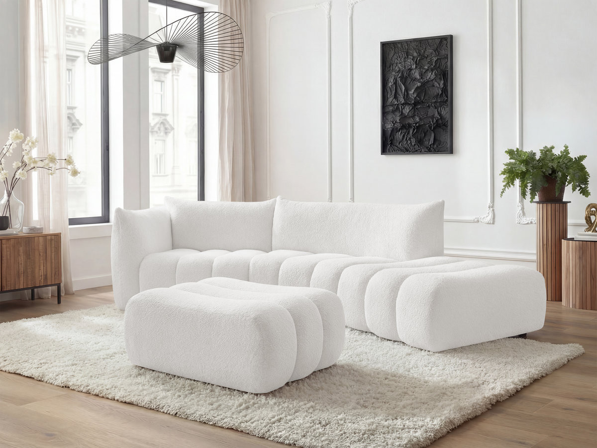 Canapé incurvé fixe 4 places AZRA tissu bouclette avec pouf