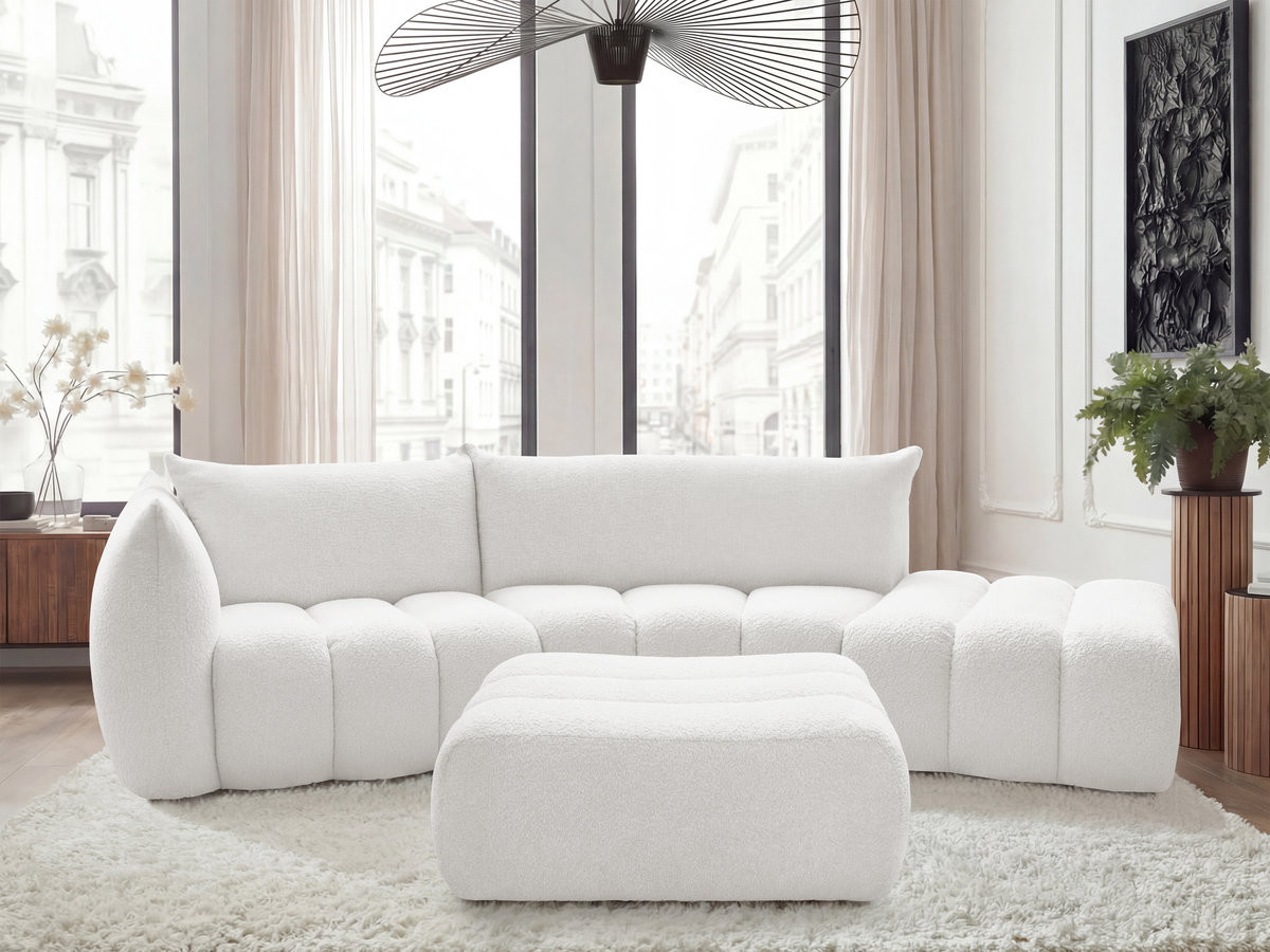 Canapé incurvé fixe 4 places AZRA tissu bouclette avec pouf