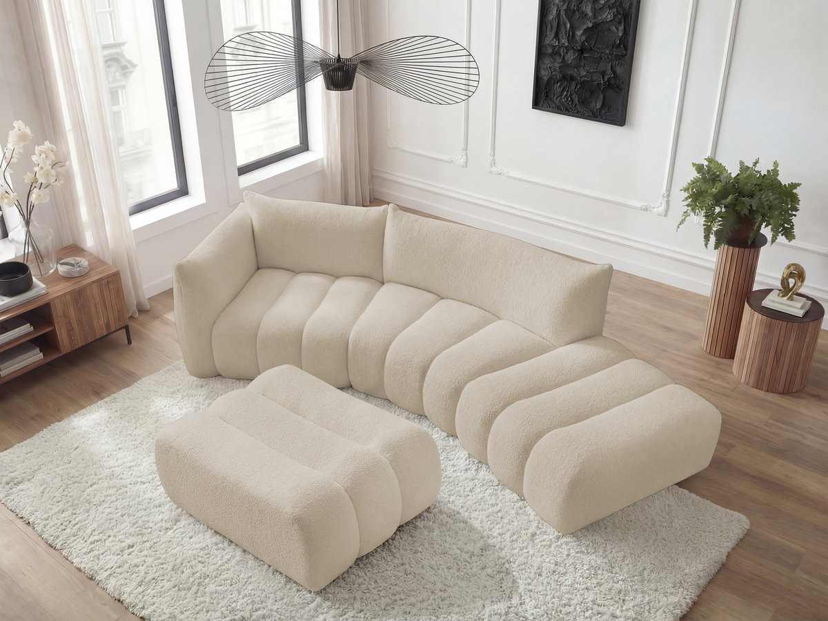 Canapé incurvé fixe 4 places AZRA tissu bouclette avec pouf