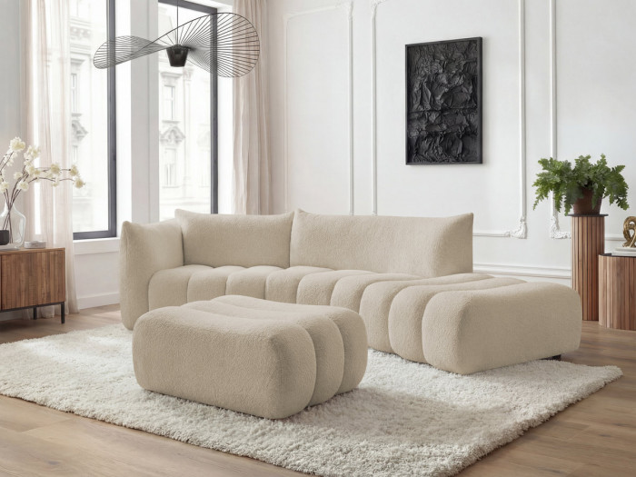 Canapé incurvé fixe 4 places AZRA tissu bouclette avec pouf