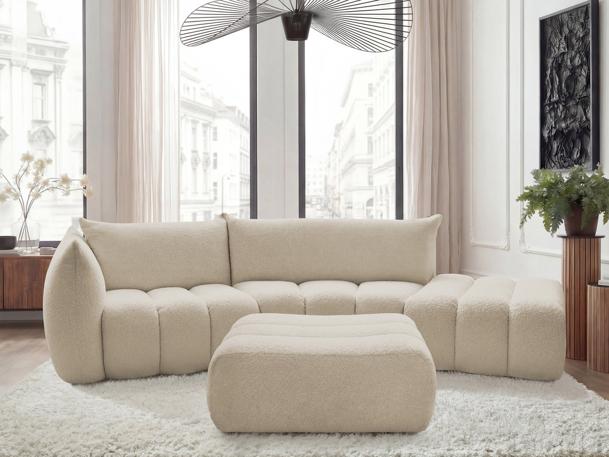 Canapé incurvé fixe 4 places AZRA tissu bouclette avec pouf