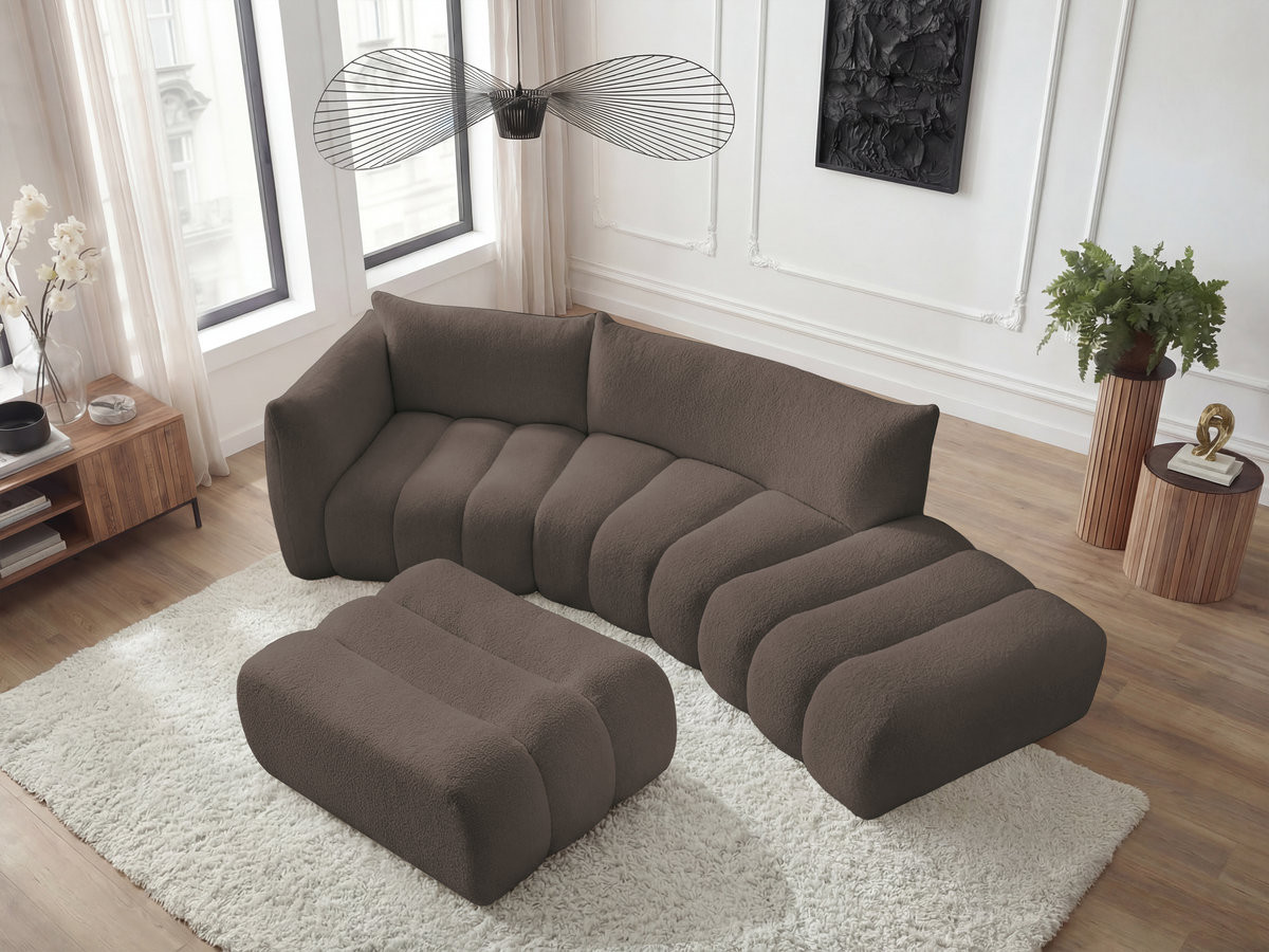 Canapé incurvé fixe 4 places AZRA tissu bouclette avec pouf
