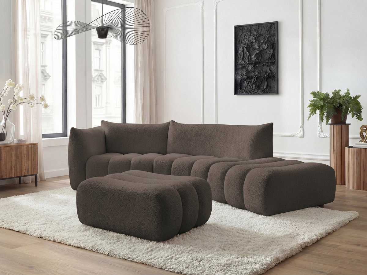 Canapé incurvé fixe 4 places AZRA tissu bouclette avec pouf