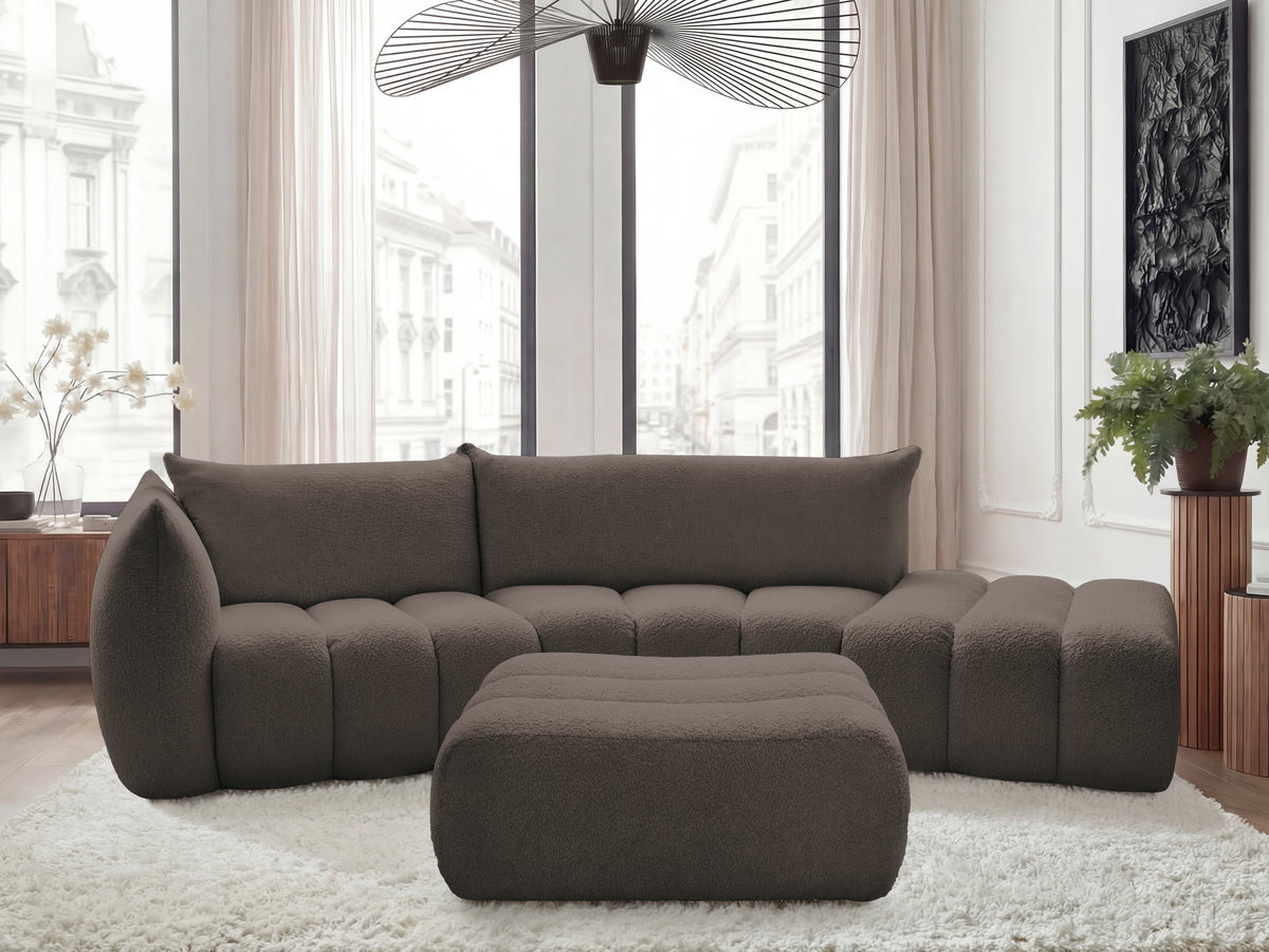 Canapé incurvé fixe 4 places AZRA tissu bouclette avec pouf