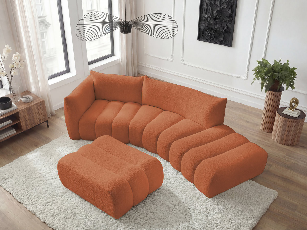 Canapé incurvé fixe 4 places AZRA tissu bouclette avec pouf