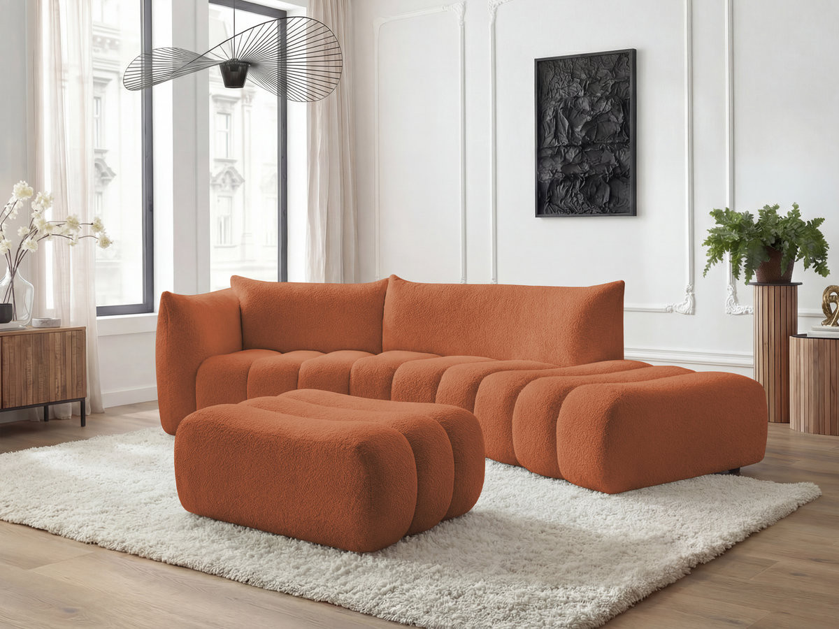 Canapé incurvé fixe 4 places AZRA tissu bouclette avec pouf
