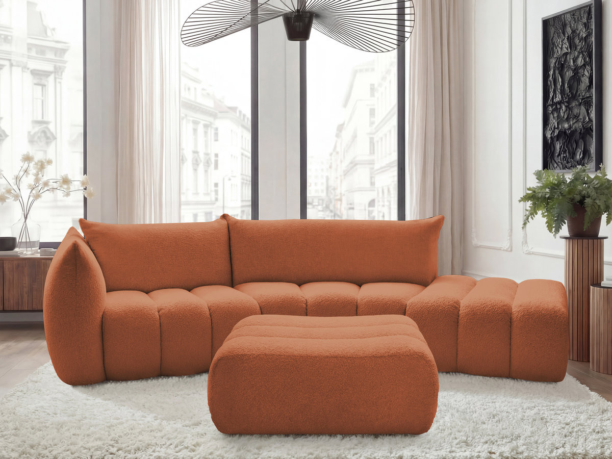 Canapé incurvé fixe 4 places AZRA tissu bouclette avec pouf