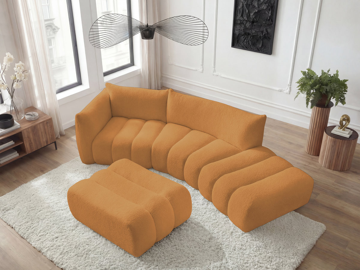 Canapé incurvé fixe 4 places AZRA tissu bouclette avec pouf