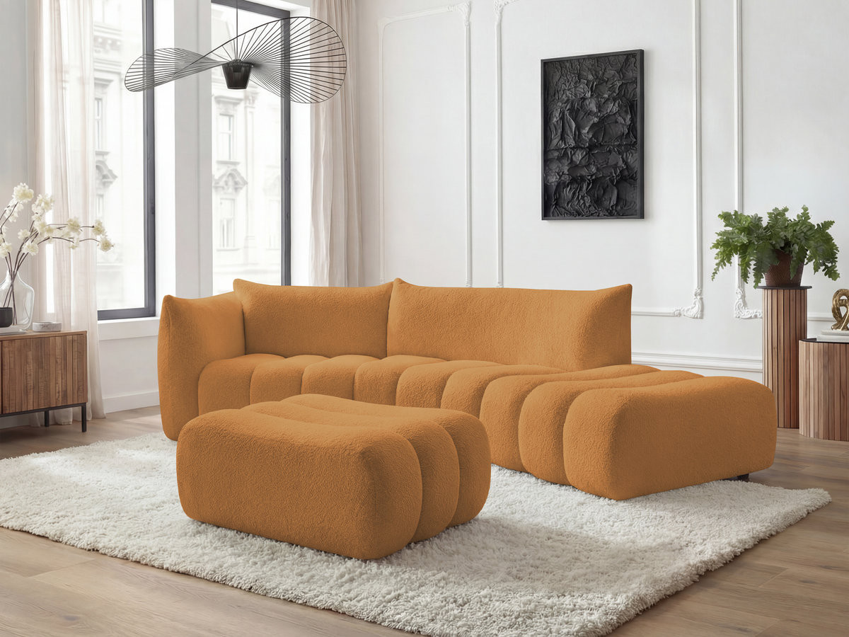 Canapé incurvé fixe 4 places AZRA tissu bouclette avec pouf