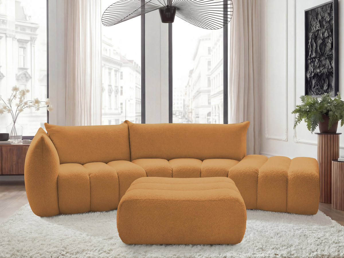 Canapé incurvé fixe 4 places AZRA tissu bouclette avec pouf