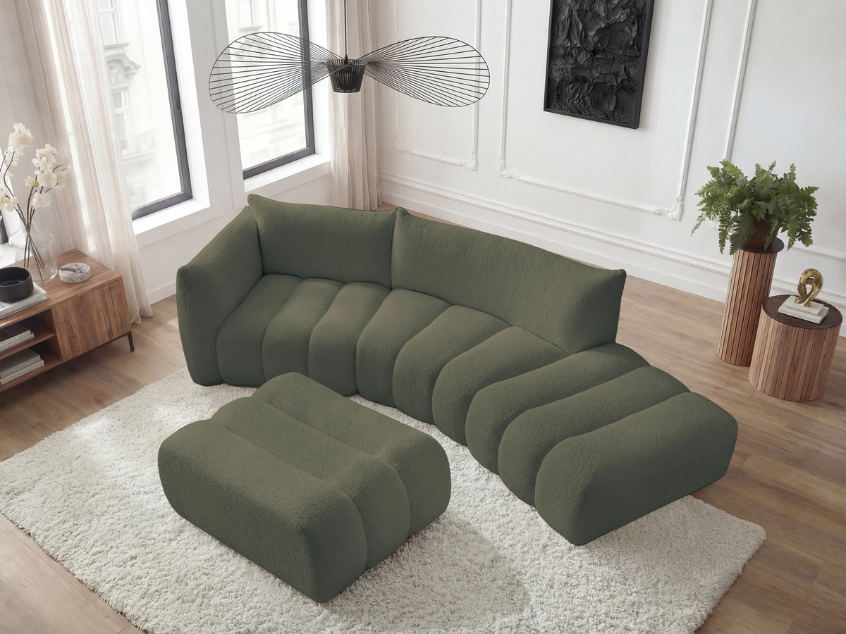 Canapé incurvé fixe 4 places AZRA tissu bouclette avec pouf