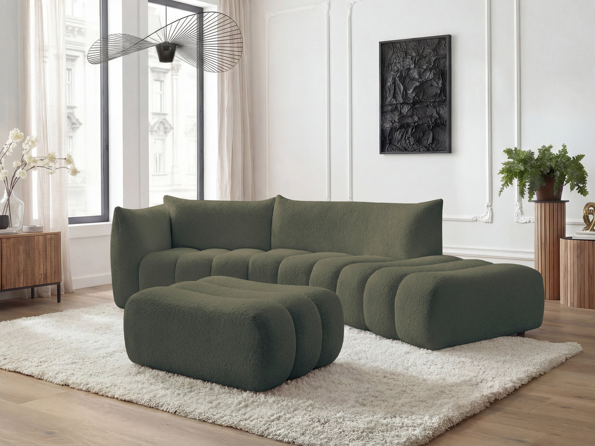 Canapé incurvé fixe 4 places AZRA tissu bouclette avec pouf