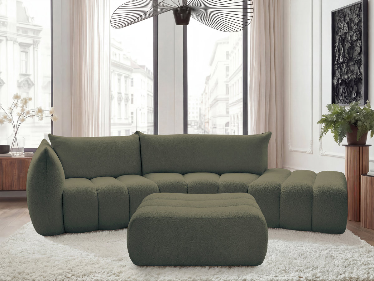 Canapé incurvé fixe 4 places AZRA tissu bouclette avec pouf