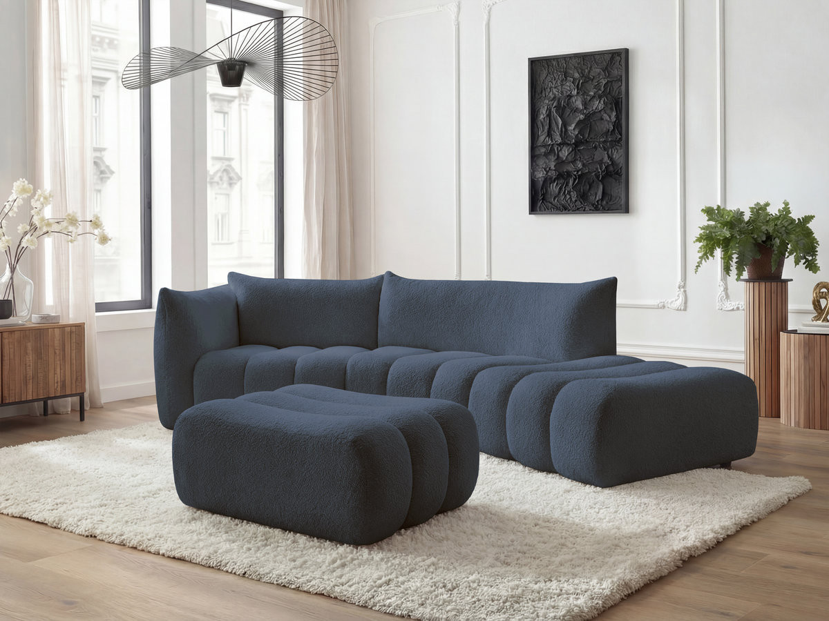 Canapé incurvé fixe 4 places AZRA tissu bouclette avec pouf