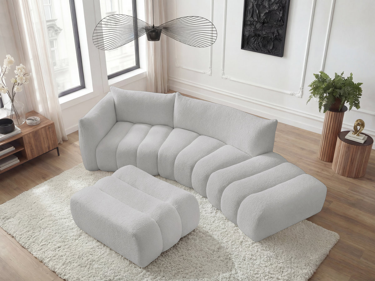 Canapé incurvé fixe 4 places AZRA tissu bouclette avec pouf