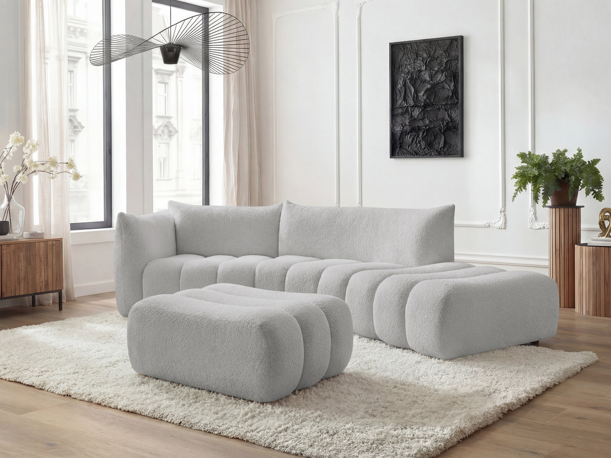 Canapé incurvé fixe 4 places AZRA tissu bouclette avec pouf gris clair angle gauche BOBOCHIC 4 places