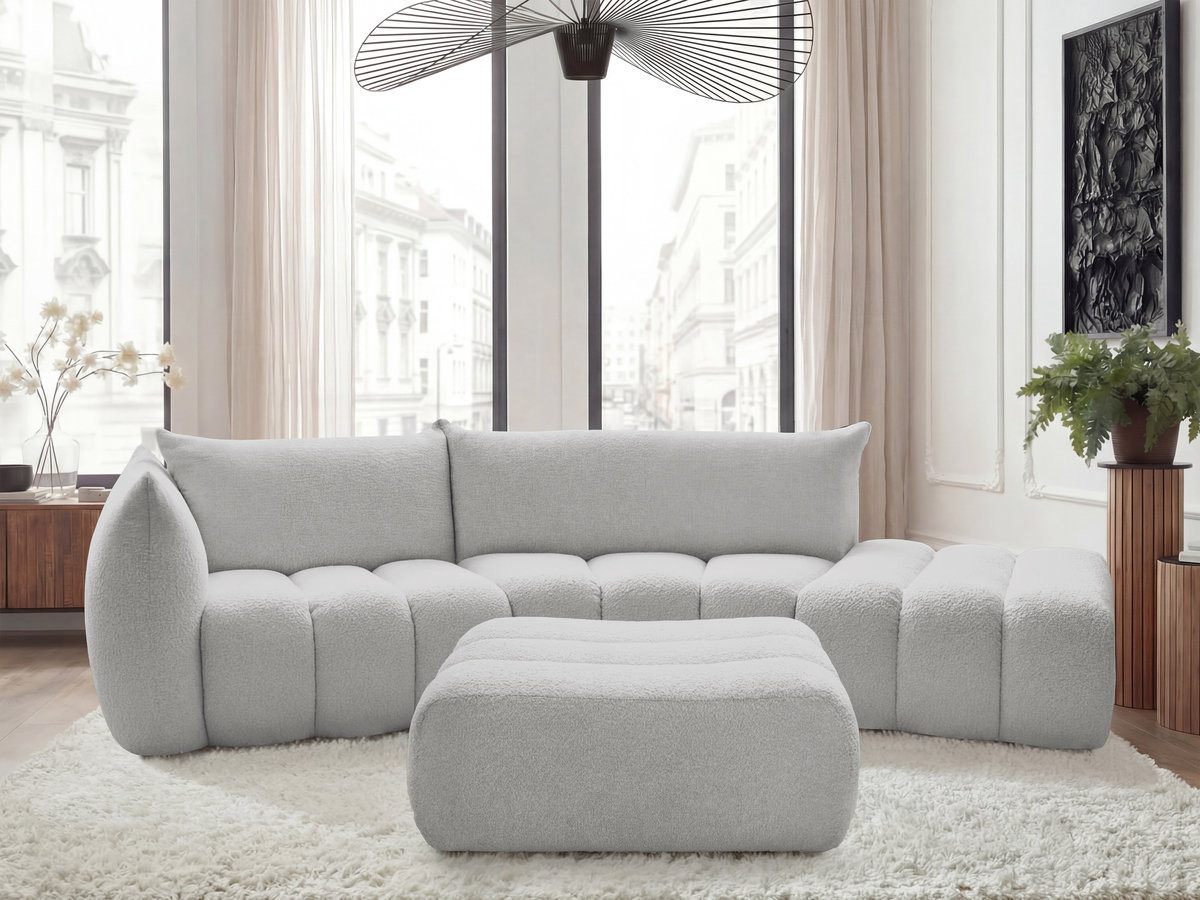 Canapé incurvé fixe 4 places AZRA tissu bouclette avec pouf