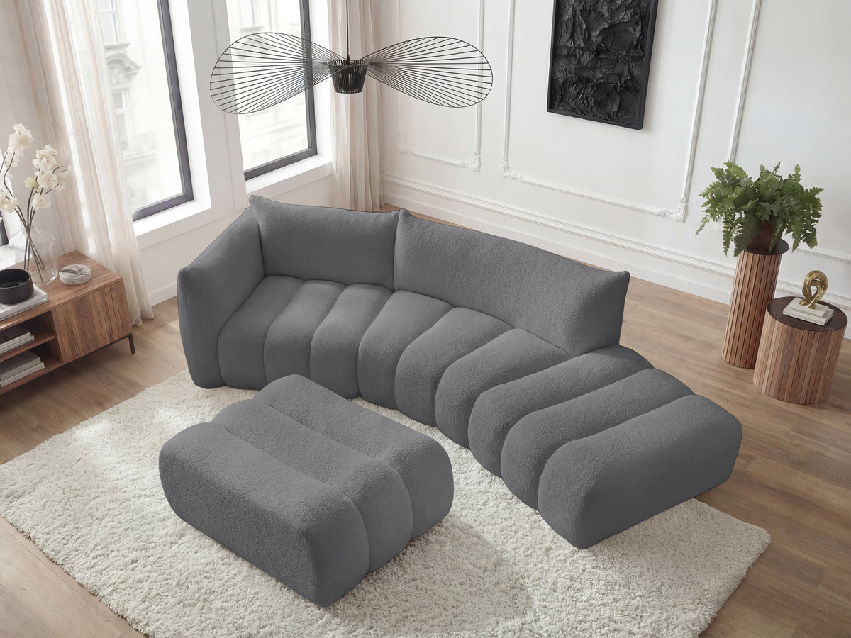 Canapé incurvé fixe 4 places AZRA tissu bouclette avec pouf