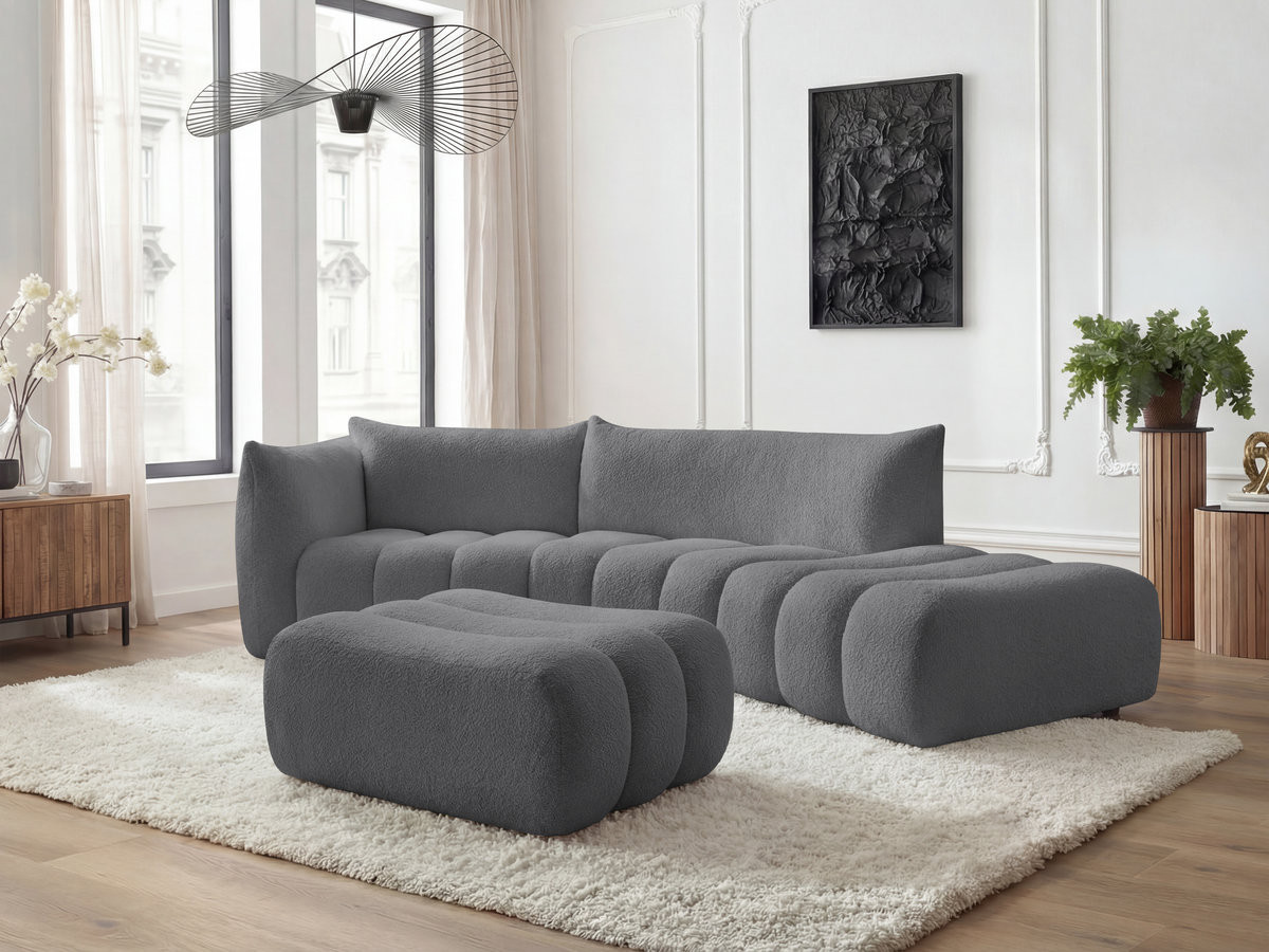 Canapé incurvé fixe 4 places AZRA tissu bouclette avec pouf