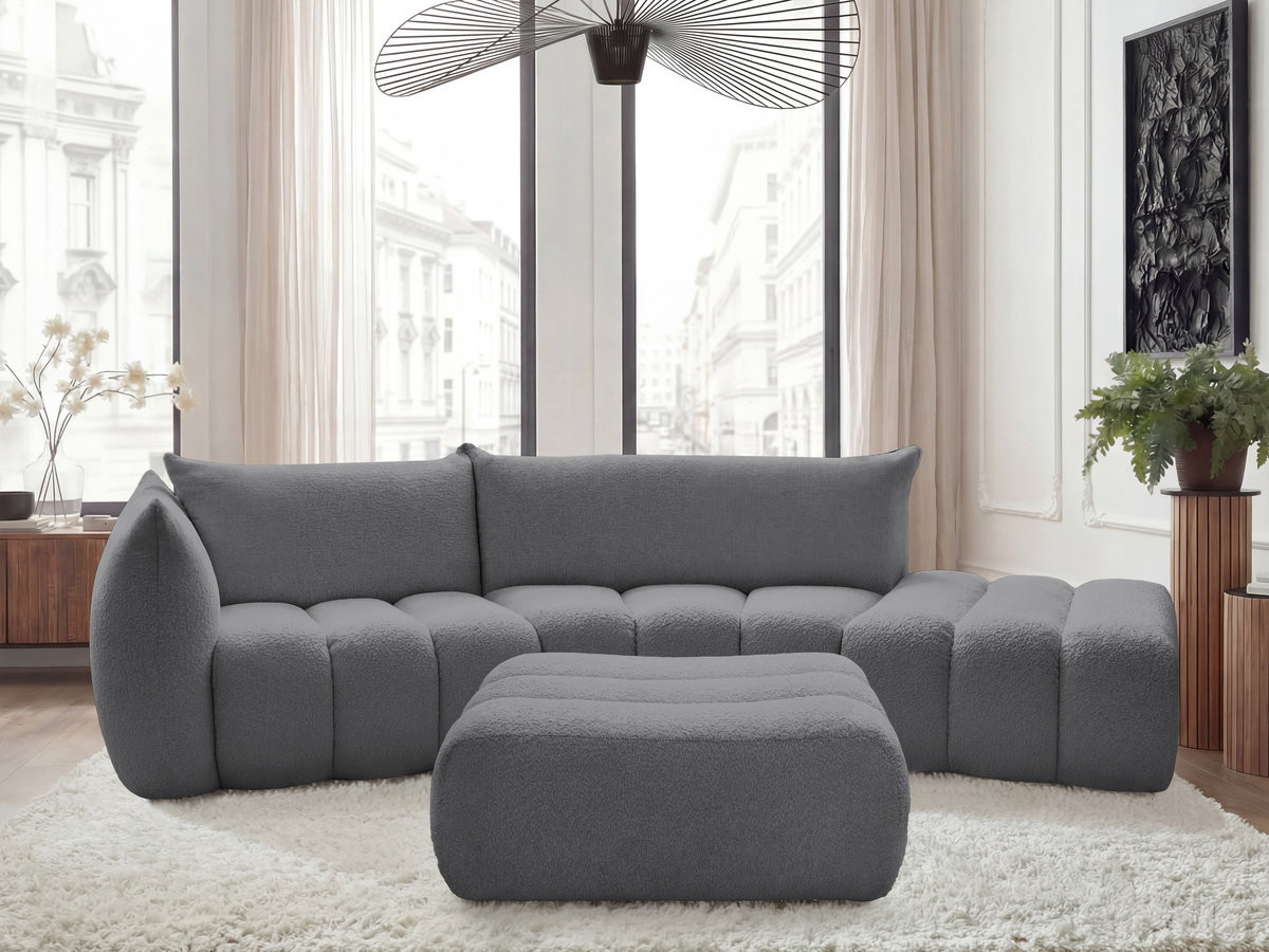 Canapé incurvé fixe 4 places AZRA tissu bouclette avec pouf