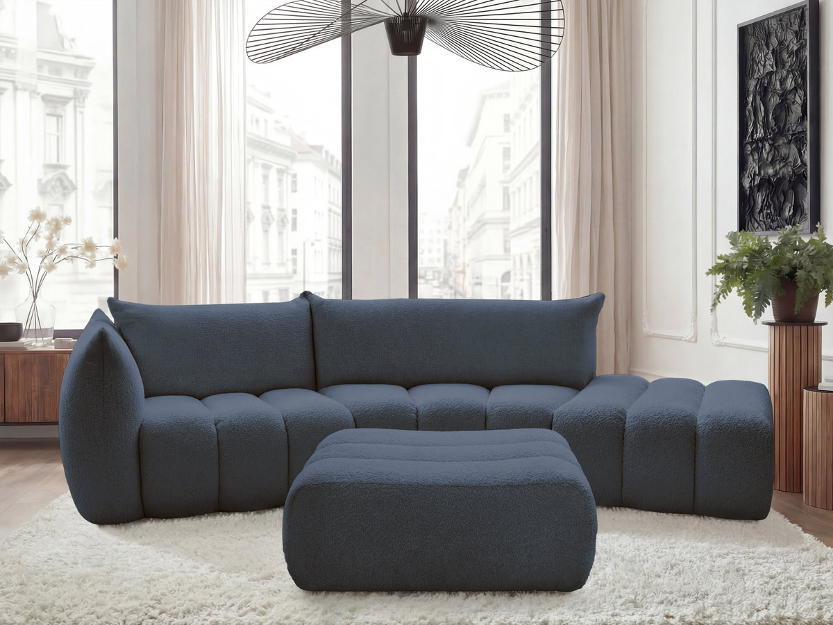 Canapé incurvé fixe 4 places AZRA tissu bouclette avec pouf