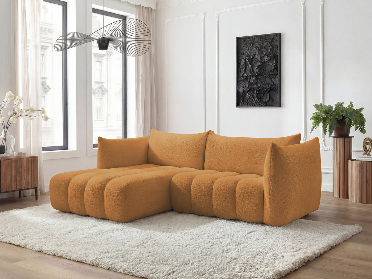 Canapé d'angle fixe AZRA tissu bouclette jaune  angle gauche BOBOCHIC 3 places