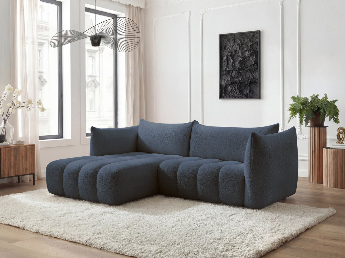 Canapé d'angle fixe AZRA tissu bouclette bleu foncé angle gauche BOBOCHIC 3 places
