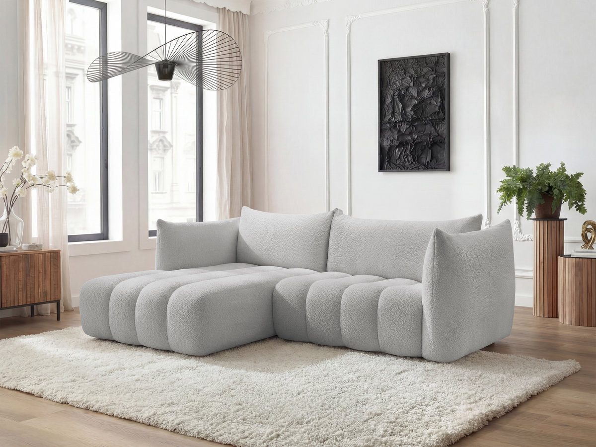 Canapé d'angle fixe AZRA tissu bouclette gris clair  angle gauche BOBOCHIC 3 places
