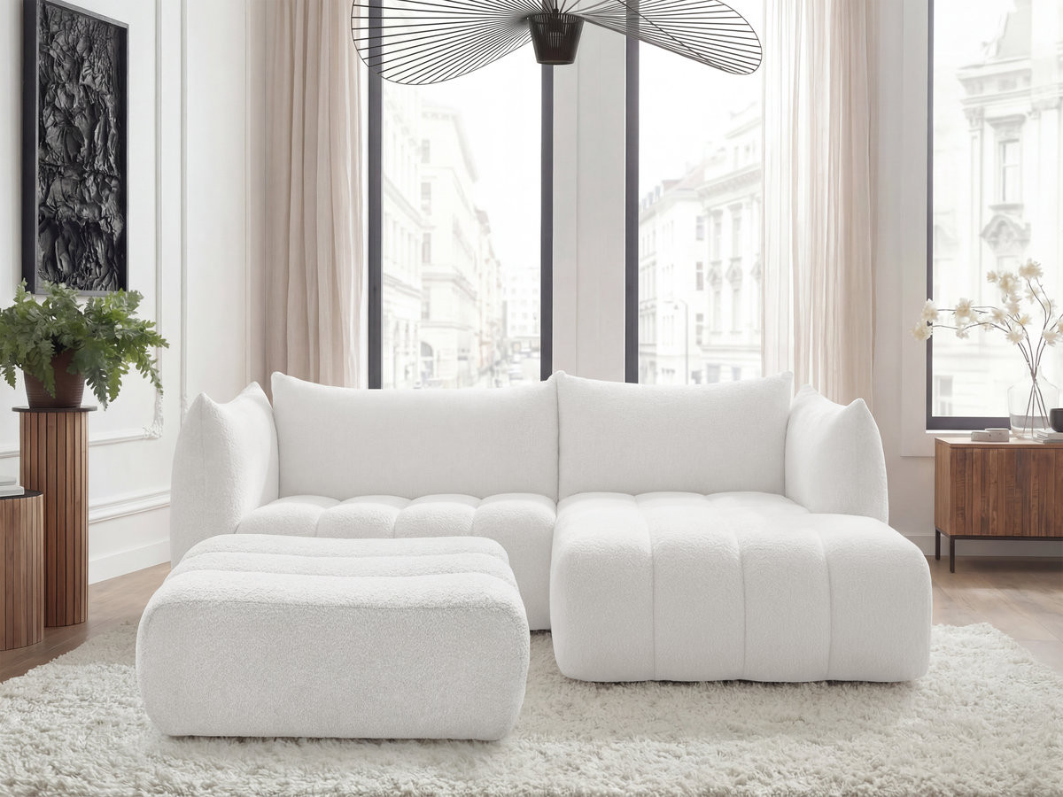 Canapé d'angle fixe AZRA tissu bouclette avec pouf