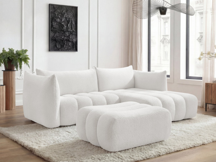 Canapé d'angle fixe AZRA tissu bouclette avec pouf