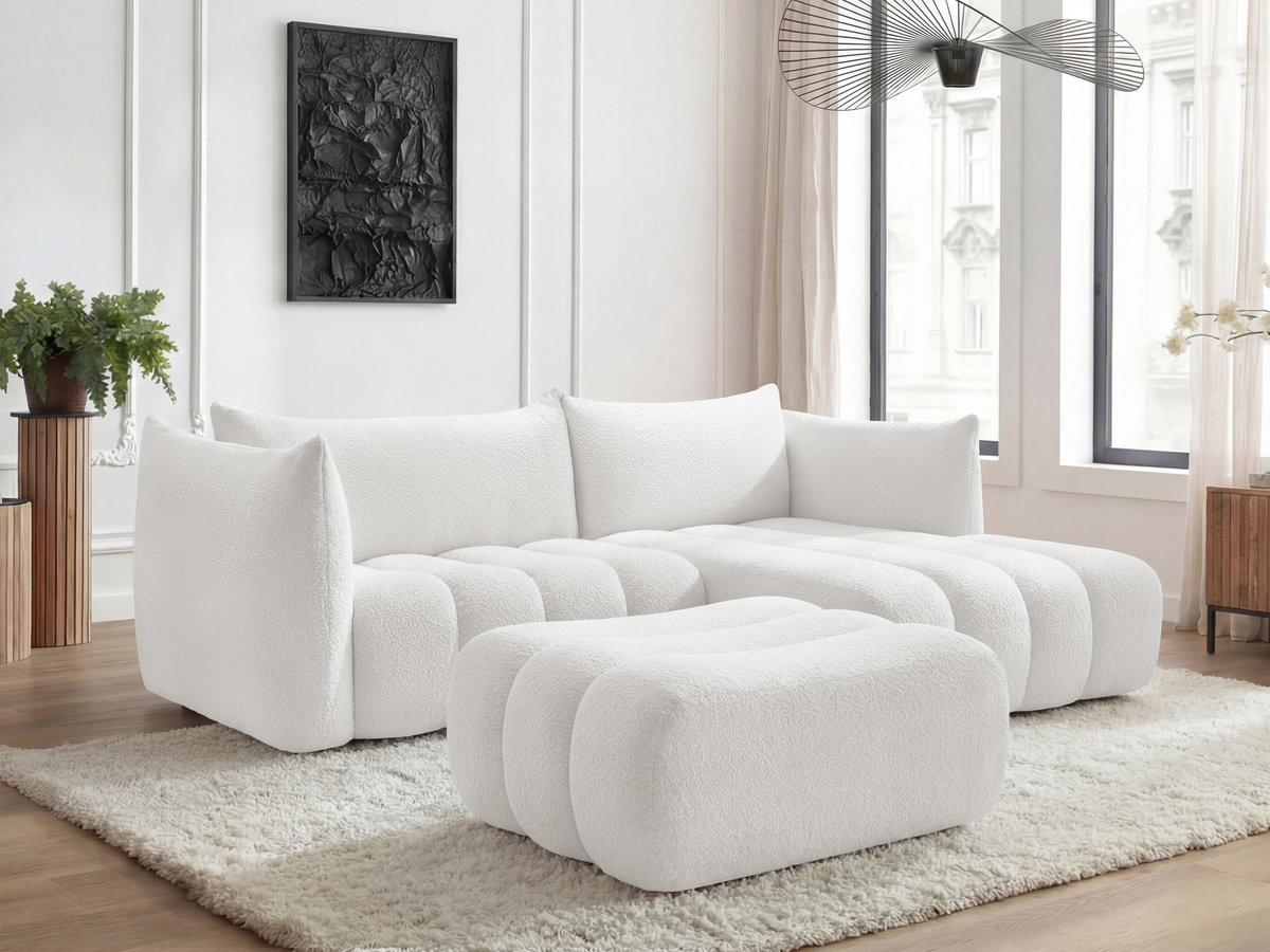 Canapé d'angle fixe AZRA tissu bouclette avec pouf