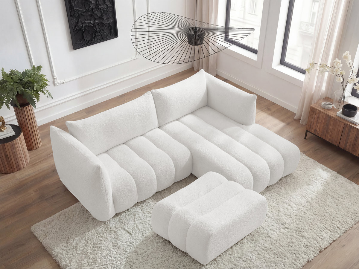 Canapé d'angle fixe AZRA tissu bouclette avec pouf